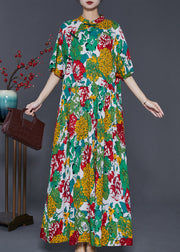 Beautiful Green Print Chinese Button Cotton Long Dresses Summer