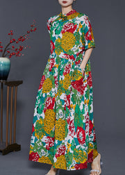 Beautiful Green Print Chinese Button Cotton Long Dresses Summer