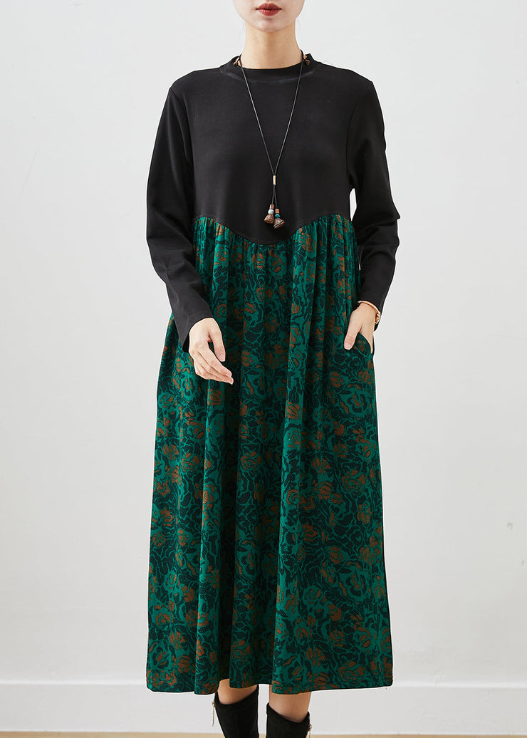 Beautiful Green Print Patchwork Cotton Maxi Dress Fall