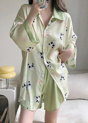 Beautiful Green Print Shirts And Shorts Ice Silk Pajamas Two Pieces Set Spring