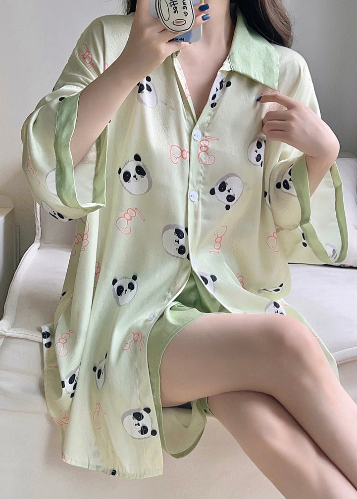 Beautiful Green Print Shirts And Shorts Ice Silk Pajamas Two Pieces Set Spring