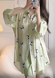 Beautiful Green Print Shirts And Shorts Ice Silk Pajamas Two Pieces Set Spring