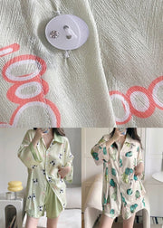 Beautiful Green Print Shirts And Shorts Ice Silk Pajamas Two Pieces Set Spring