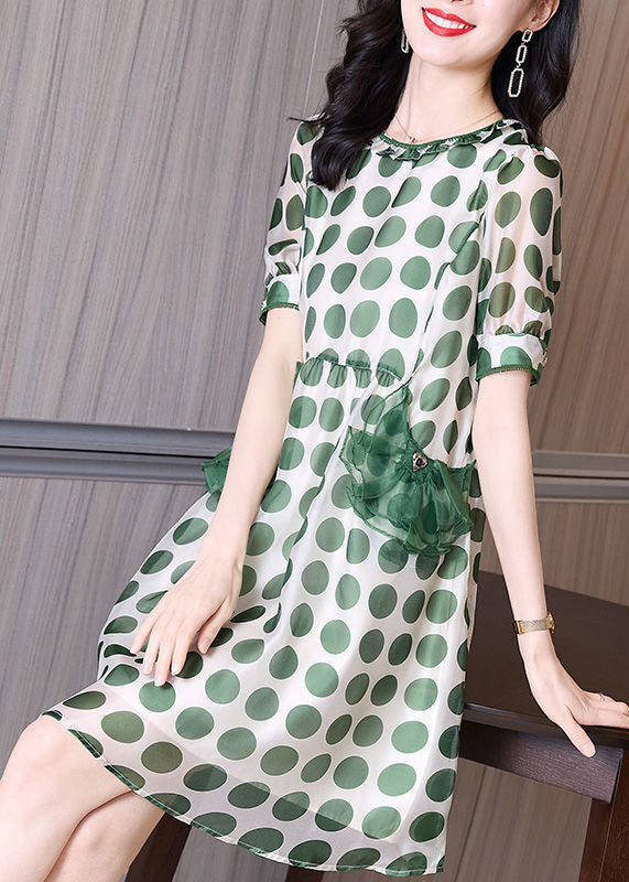 Beautiful Green Print Tulle Patchwork Chiffon Cinched Dress Summer