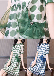 Beautiful Green Print Tulle Patchwork Chiffon Cinched Dress Summer