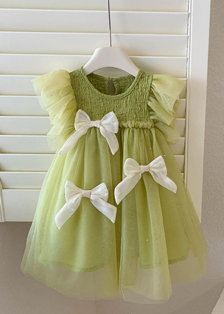 Beautiful Green Ruffled Bow Patchwork Tulle Kids Girls Princess Dress Summer