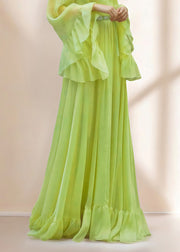 Beautiful Green Ruffled Patchwork Silk Dresses Spring