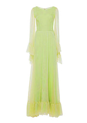 Beautiful Green Ruffled Patchwork Silk Dresses Spring