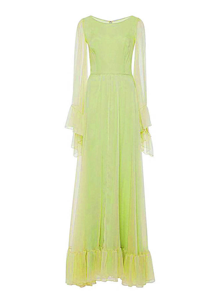 Beautiful Green Ruffled Patchwork Silk Dresses Spring