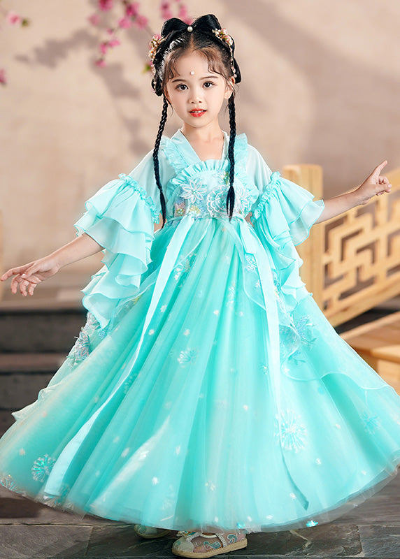 Beautiful Green Ruffled Patchwork Snow Embroideried Tulle Kids Long Dress Summer