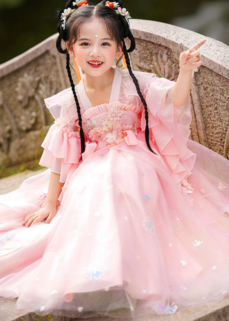 Beautiful Green Ruffled Patchwork Snow Embroideried Tulle Kids Long Dress Summer