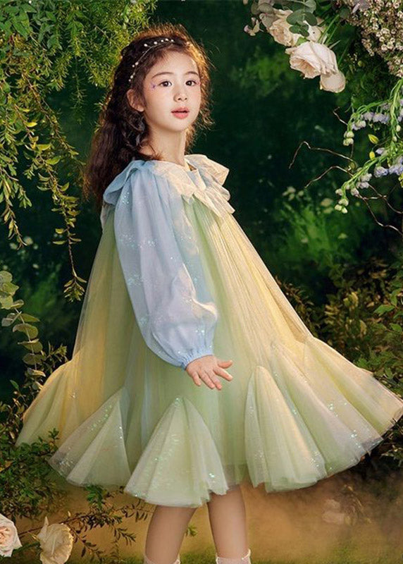 Beautiful Green Sequins Tulle Kids Long Dresses Puff Sleeve