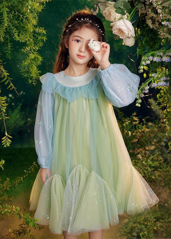 Beautiful Green Sequins Tulle Kids Long Dresses Puff Sleeve