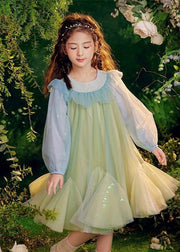 Beautiful Green Sequins Tulle Kids Long Dresses Puff Sleeve