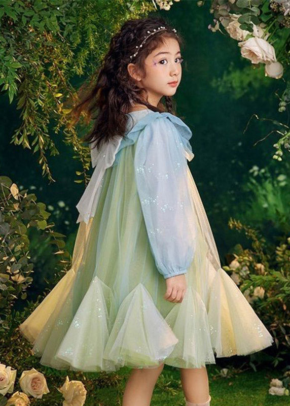 Beautiful Green Sequins Tulle Kids Long Dresses Puff Sleeve