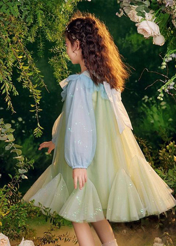 Beautiful Green Sequins Tulle Kids Long Dresses Puff Sleeve