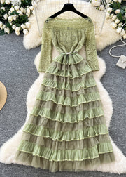 Beautiful Green Slash Neck Ruffled Patchwork Lace Party Dress Spring