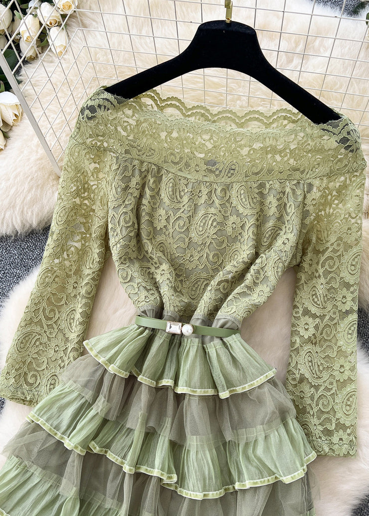 Beautiful Green Slash Neck Ruffled Patchwork Lace Party Dress Spring