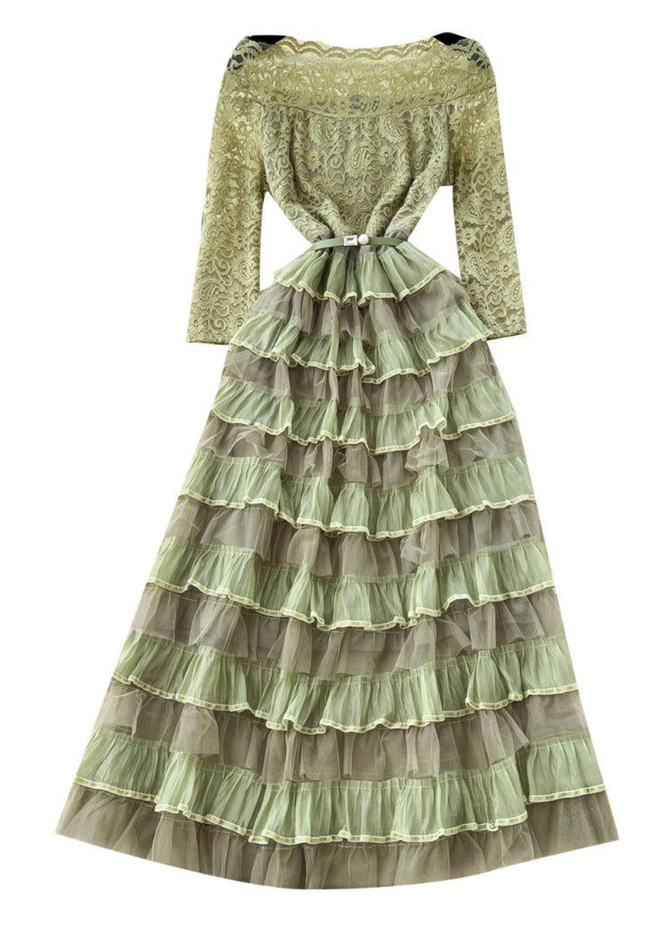 Beautiful Green Slash Neck Ruffled Patchwork Lace Party Dress Spring