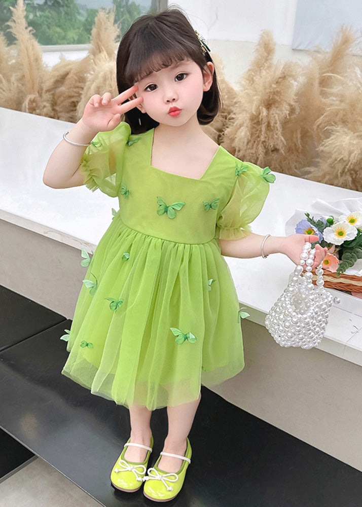 Beautiful Green Square Collar Patchwork Tulle Girls Long Dresses Short Sleeve