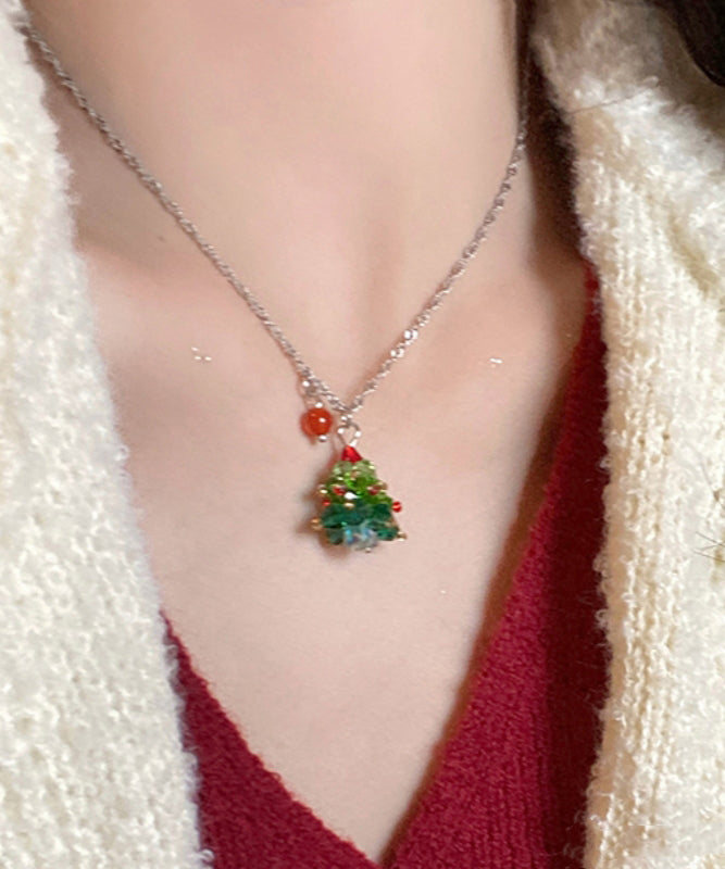 Beautiful Green Stainless Steel Crystal Christmas Tree Pendant Necklace