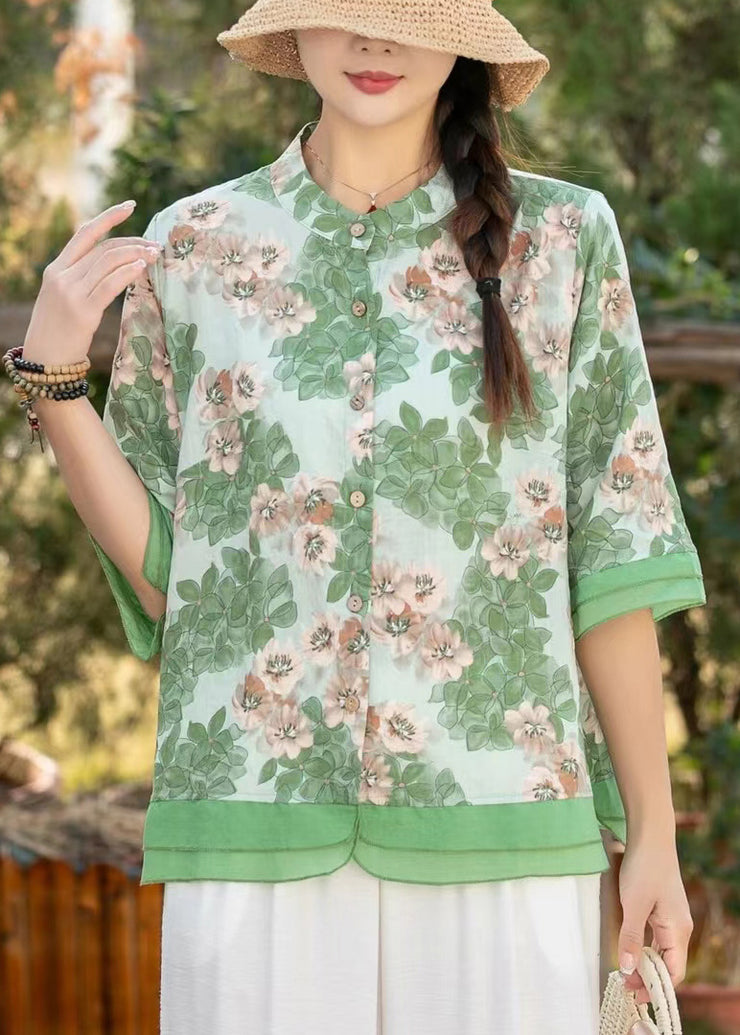 Beautiful Green Stand Collar Print Linen Shirt Top Half Sleeve
