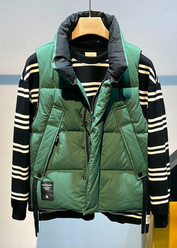 Beautiful Green Stand Collar Zip Up Pockets Fine Cotton Filled Vest Winter