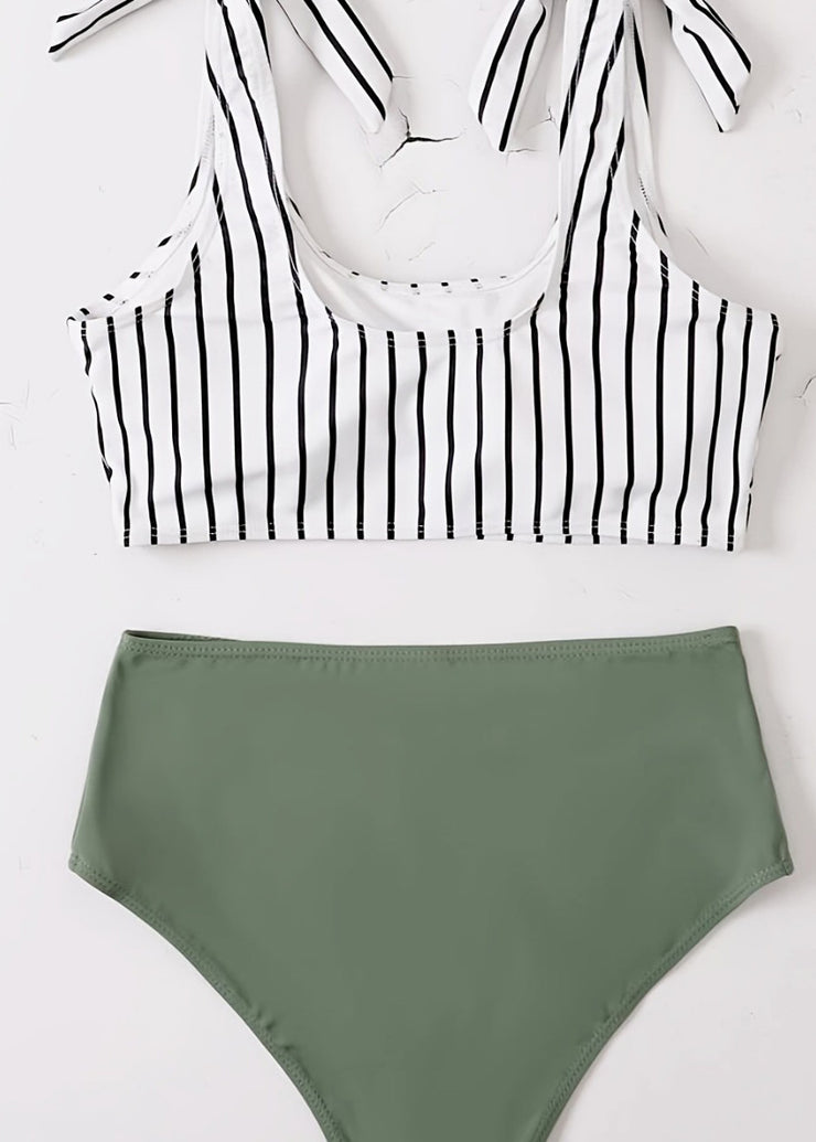 Beautiful Green Striped High Waist Beach Swimwear Set