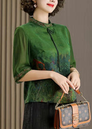 Beautiful Green Tasseled Print Patchwork Silk Tops Half Sleeve