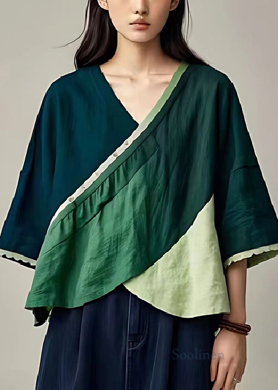 Beautiful Green V Neck Patchwork Linen Top Summer