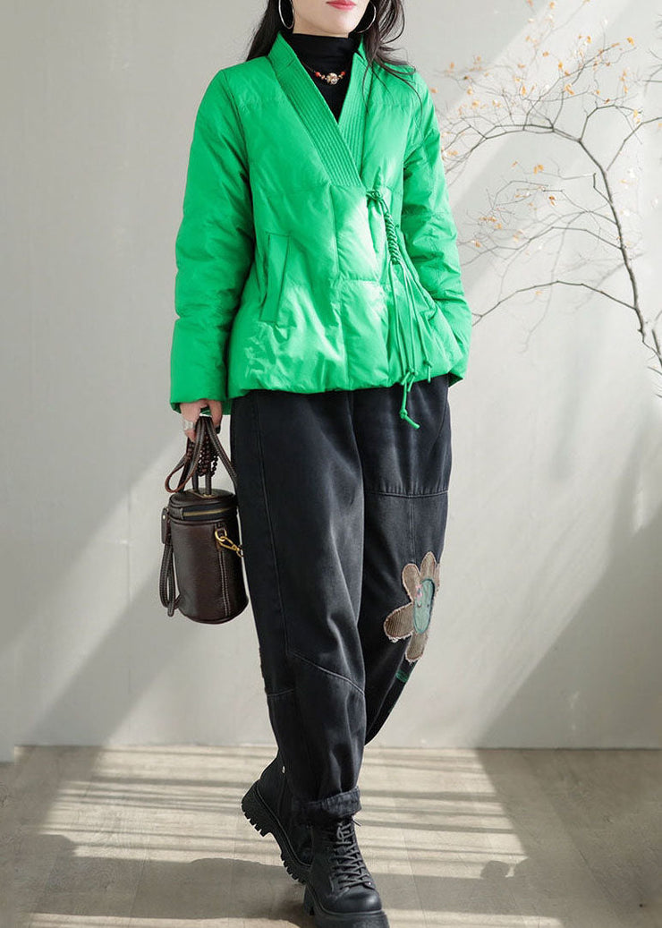 Beautiful Green V Neck Pockets Duck Down Jackets Winter