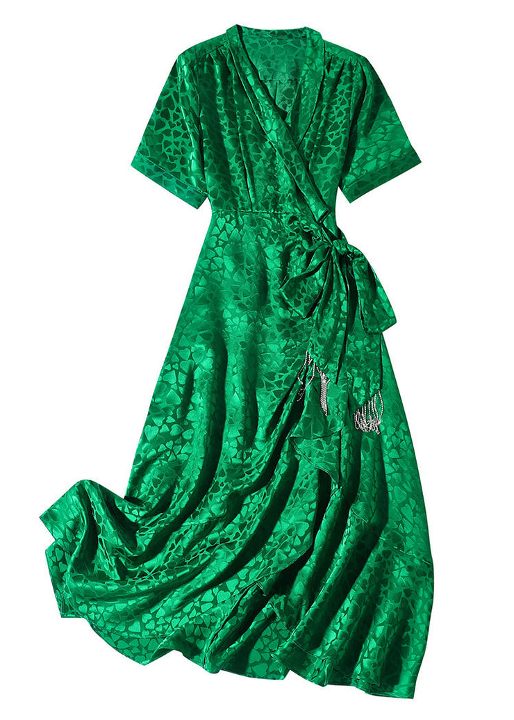 Beautiful Green V Neck Print Bow Tunic Maxi Dress Short Sleeve