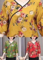 Beautiful Green V Neck Print Button Silk Tops Summer