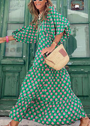 Beautiful Green V Neck Print Cotton Long Dresses Puff Sleeve