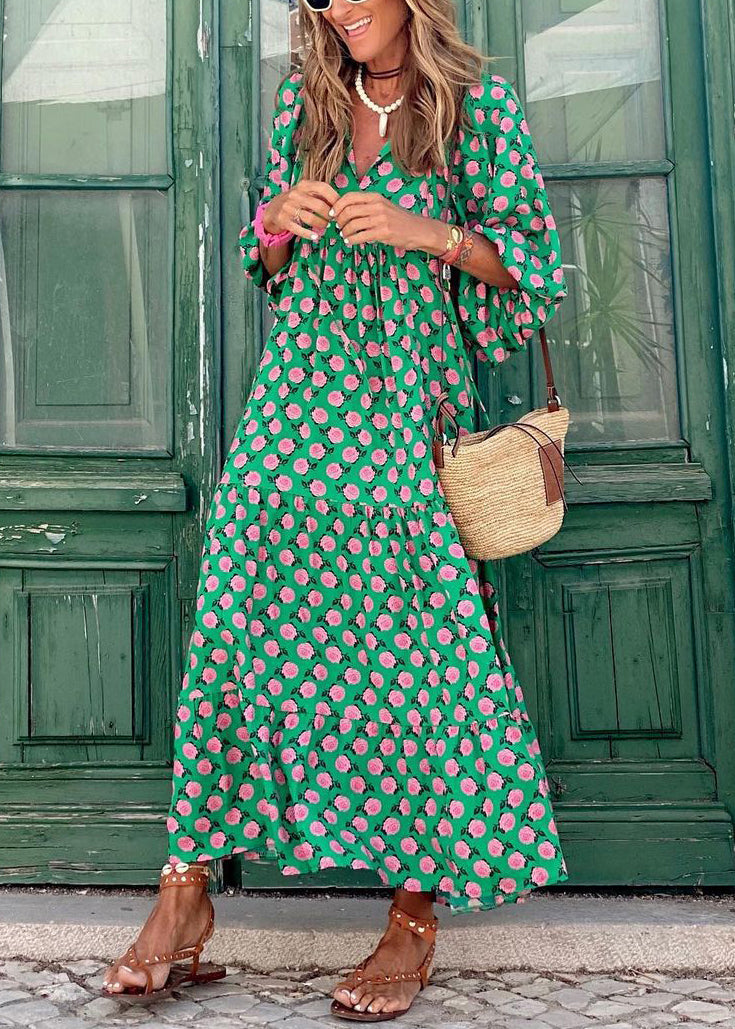 Beautiful Green V Neck Print Cotton Long Dresses Puff Sleeve