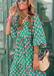 Beautiful Green V Neck Print Cotton Long Dresses Puff Sleeve