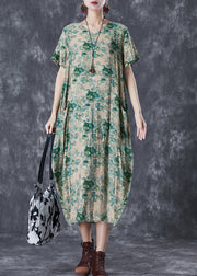 Beautiful Green V Neck Print Linen Robe Dresses Summer