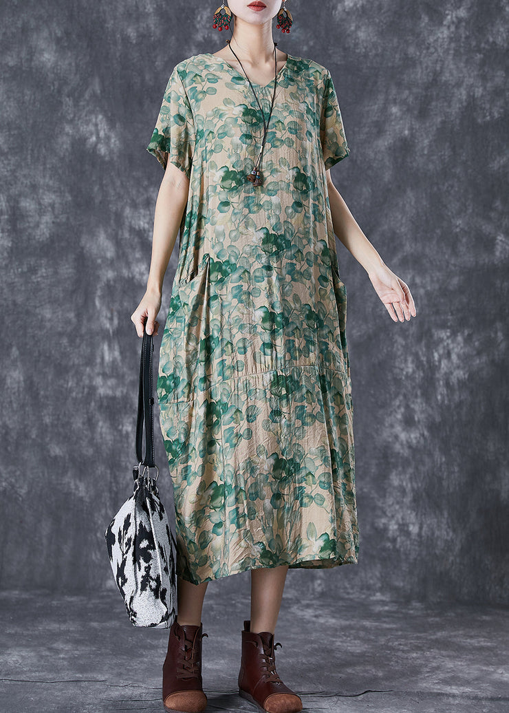 Beautiful Green V Neck Print Linen Robe Dresses Summer