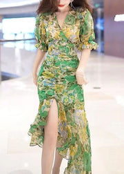 Beautiful Green V Neck Print Patchwork Chiffon Long Dress Summer