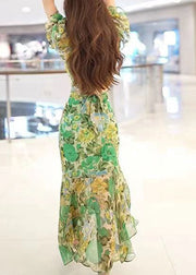 Beautiful Green V Neck Print Patchwork Chiffon Long Dress Summer