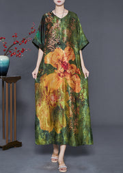 Beautiful Green V Neck Print Silk Robe Dresses Summer