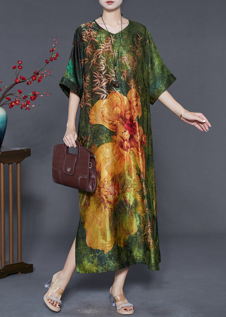 Beautiful Green V Neck Print Silk Robe Dresses Summer