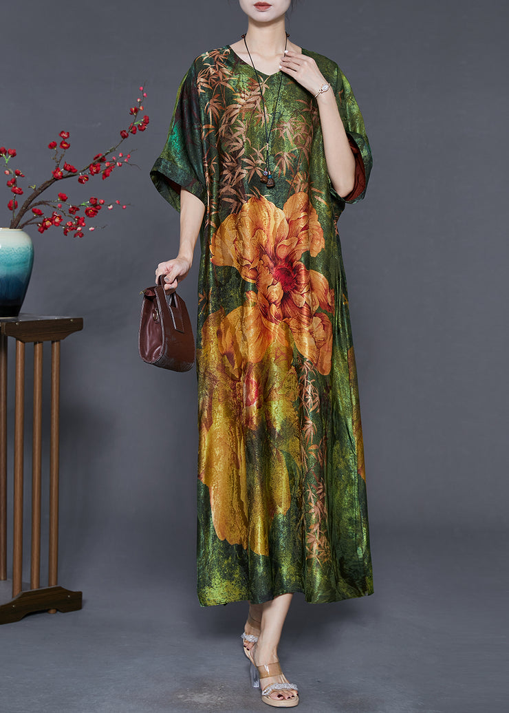 Beautiful Green V Neck Print Silk Robe Dresses Summer