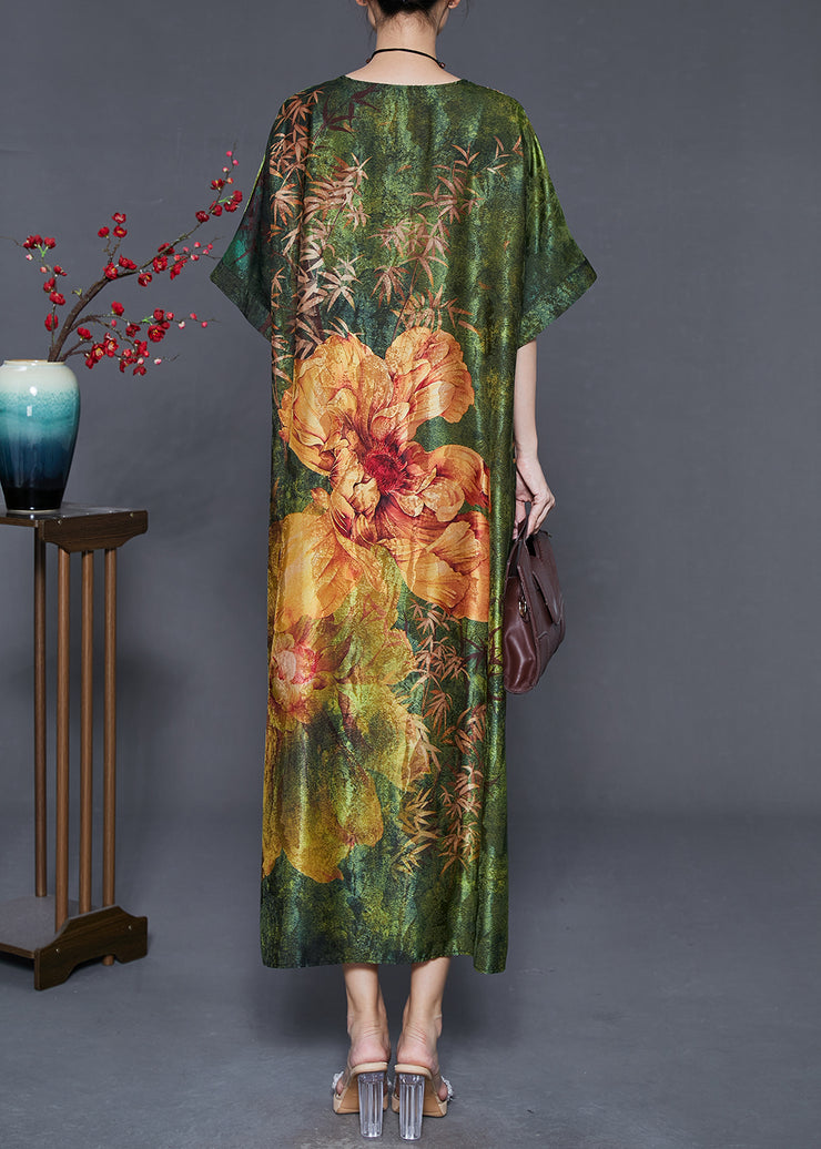 Beautiful Green V Neck Print Silk Robe Dresses Summer