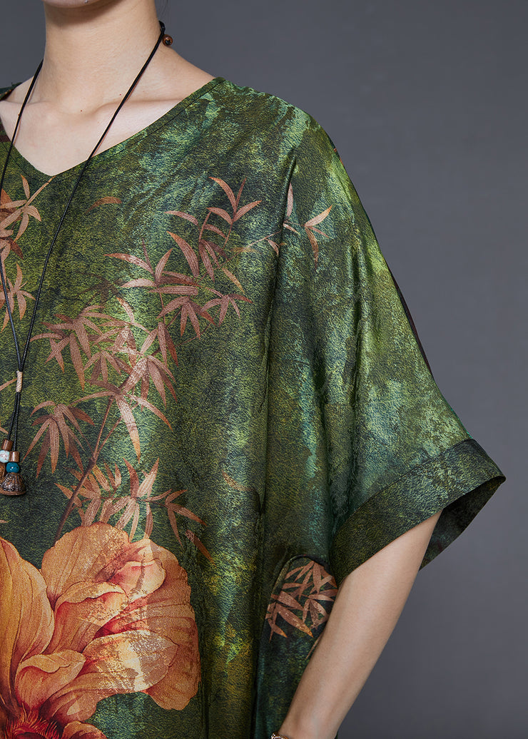 Beautiful Green V Neck Print Silk Robe Dresses Summer