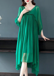 Beautiful Green V Neck Ruffled Wrinkled Chiffon Party Dress Bracelet Sleeve