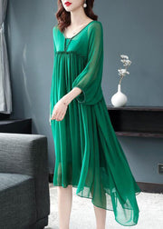 Beautiful Green V Neck Ruffled Wrinkled Chiffon Party Dress Bracelet Sleeve