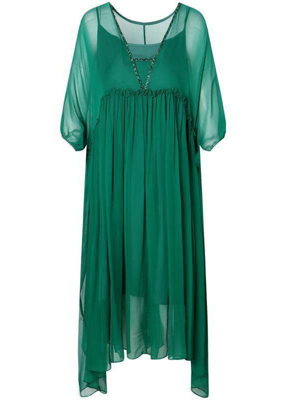 Beautiful Green V Neck Ruffled Wrinkled Chiffon Party Dress Bracelet Sleeve