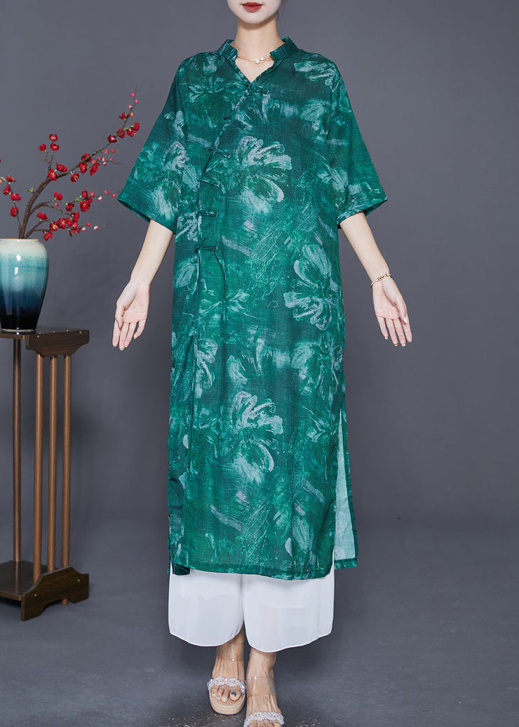 Beautiful Green V Neck Tie Dye Linen Long Dress Summer