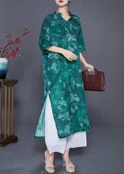 Beautiful Green V Neck Tie Dye Linen Long Dress Summer